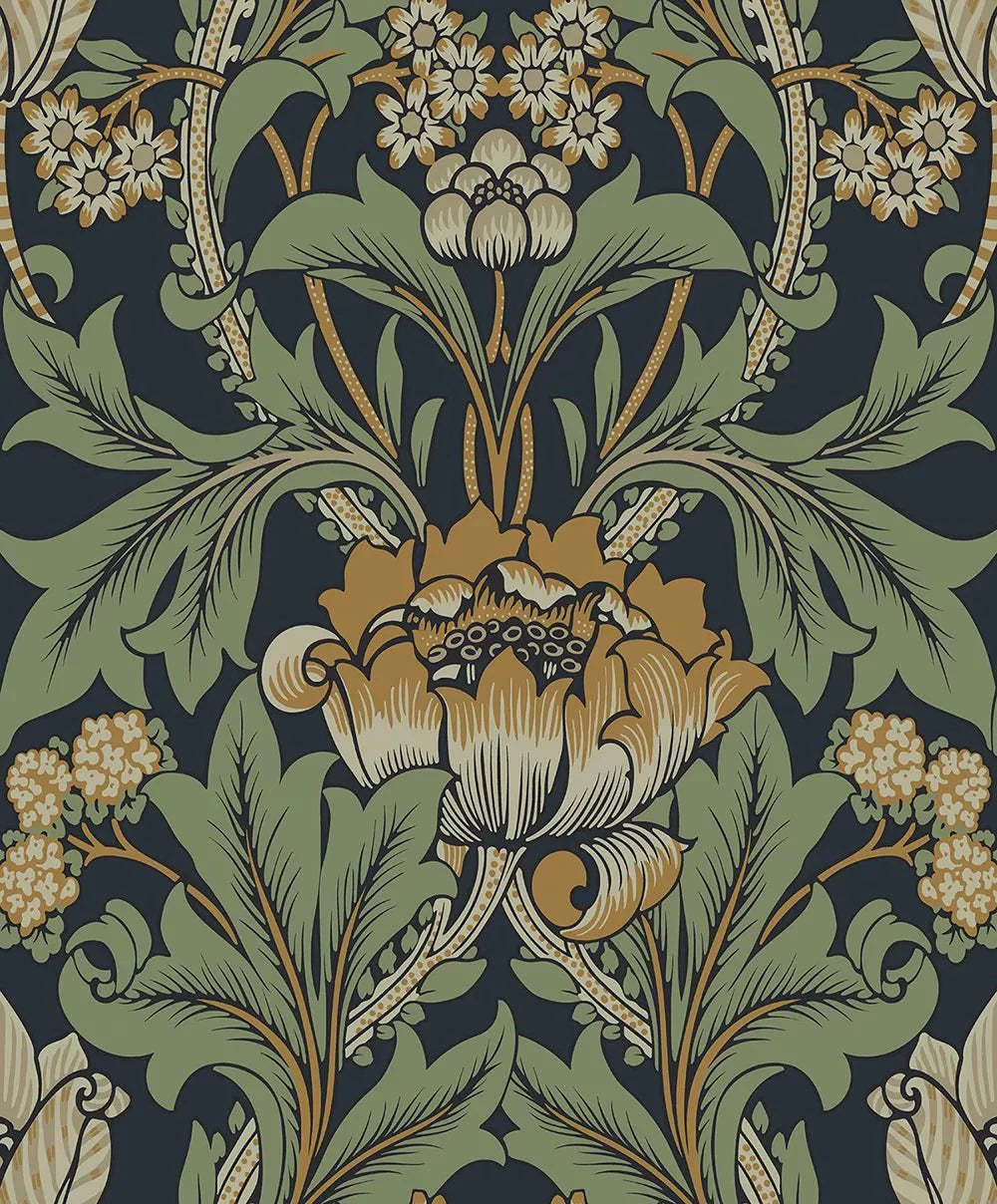 Primrose Floral Wallpaper - Midnight Blue & Goldenrod - NextWall - NW44404 - Morris Wallpaper