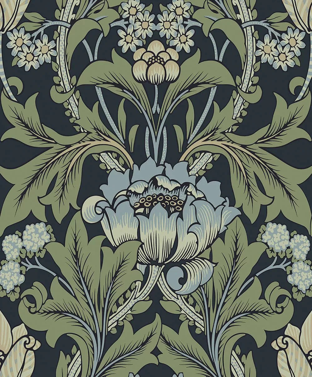 Primrose Floral Wallpaper - Midnight Blue & Sage - NextWall - NW44412 - Morris Wallpaper