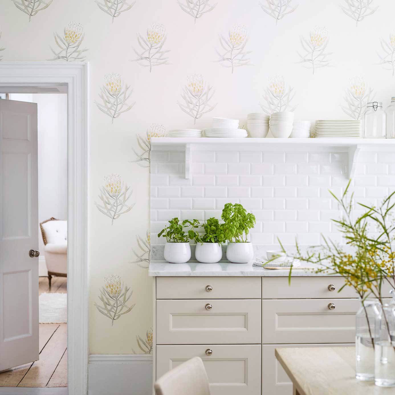 Protea Flower Wallpaper - Porcelain/Blush - Sanderson - DART216330 - Morris Wallpaper