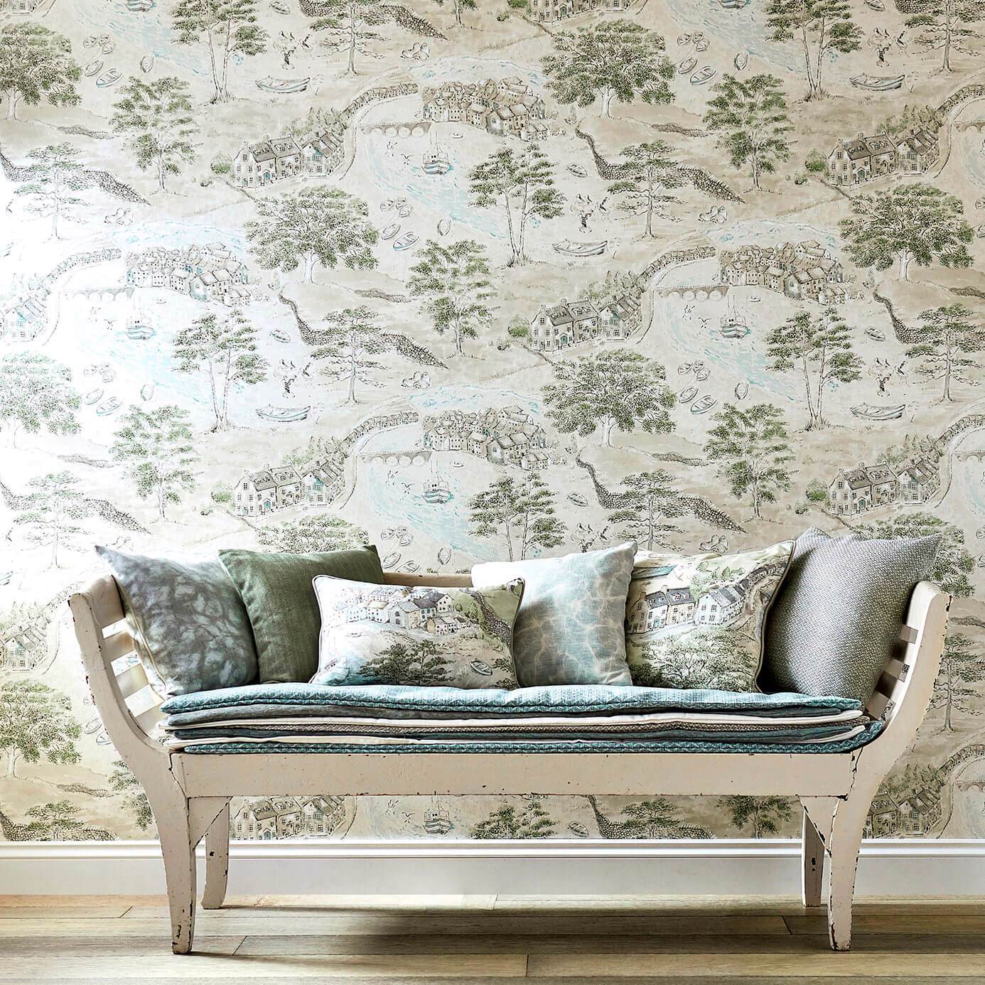 Sea Houses Wallpaper - Green/Sand - Sanderson - DEBB216490 - Morris Wallpaper