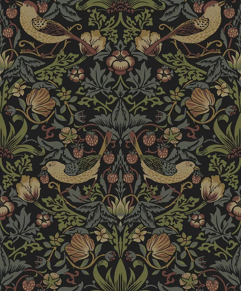 Strawberry Garden Wallpaper - Black - NextWall - NW55401 - Morris Wallpaper