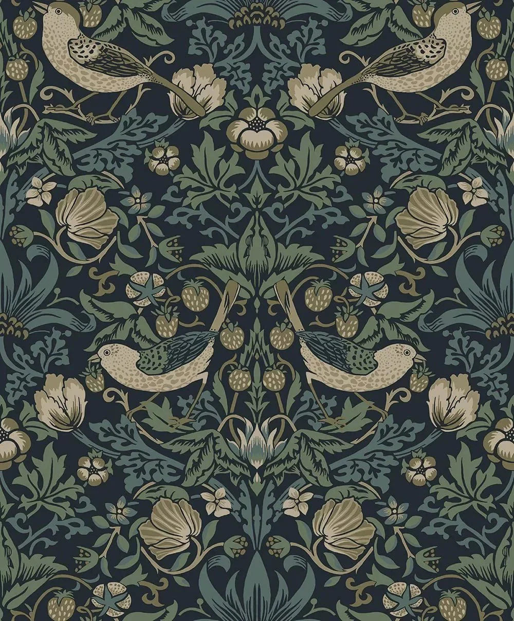 Strawberry Garden Wallpaper - Blue - NextWall - NW55402 - Morris Wallpaper
