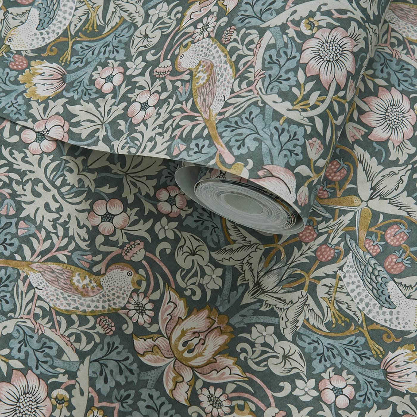 Strawberry Thief Wallpaper - Slate/Blush - Clarke & Clarke - W0171/05 - Morris Wallpaper