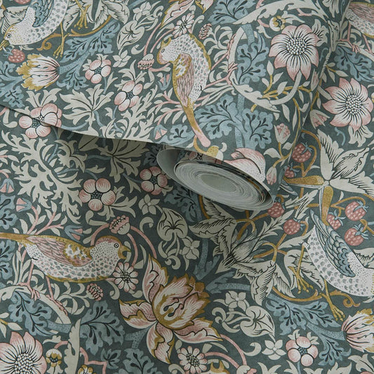 Strawberry Thief Wallpaper - Slate/Blush - Clarke & Clarke - W0171/05 - Morris Wallpaper