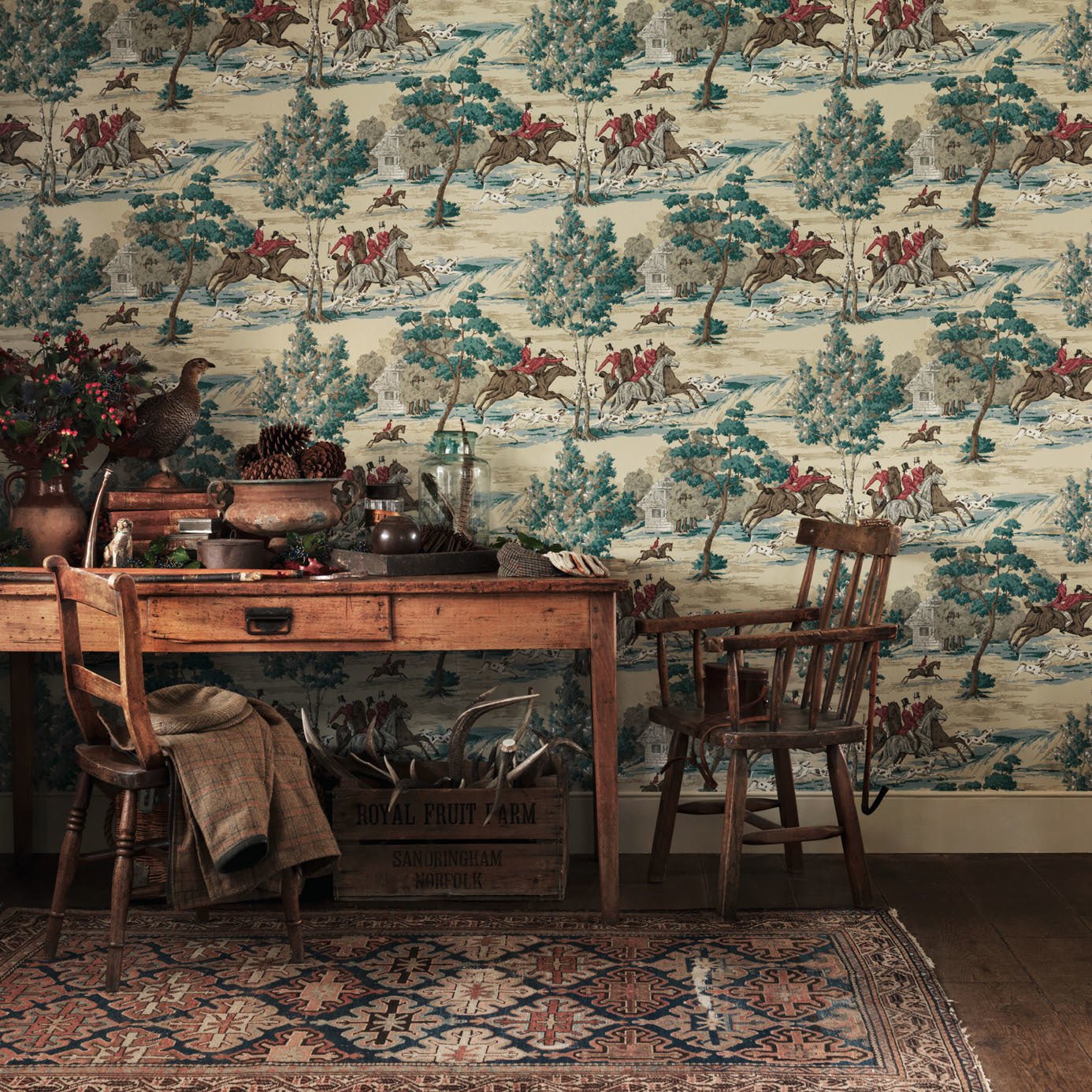 Tally Ho Wallpaper - Teal/Ruby - Sanderson - DVIN214597 - Morris Wallpaper