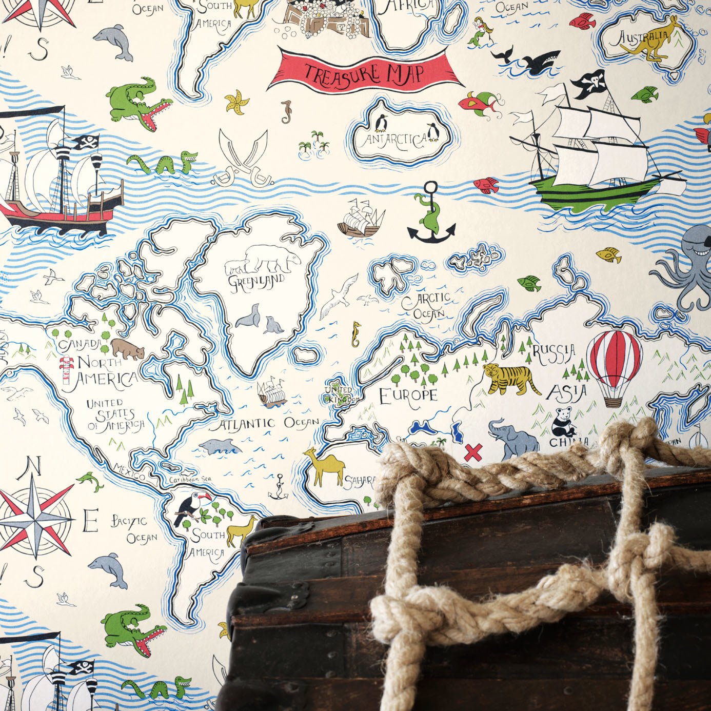 Treasure Map Wallpaper - Sea Blue - Sanderson - DLIT214038 - Morris Wallpaper