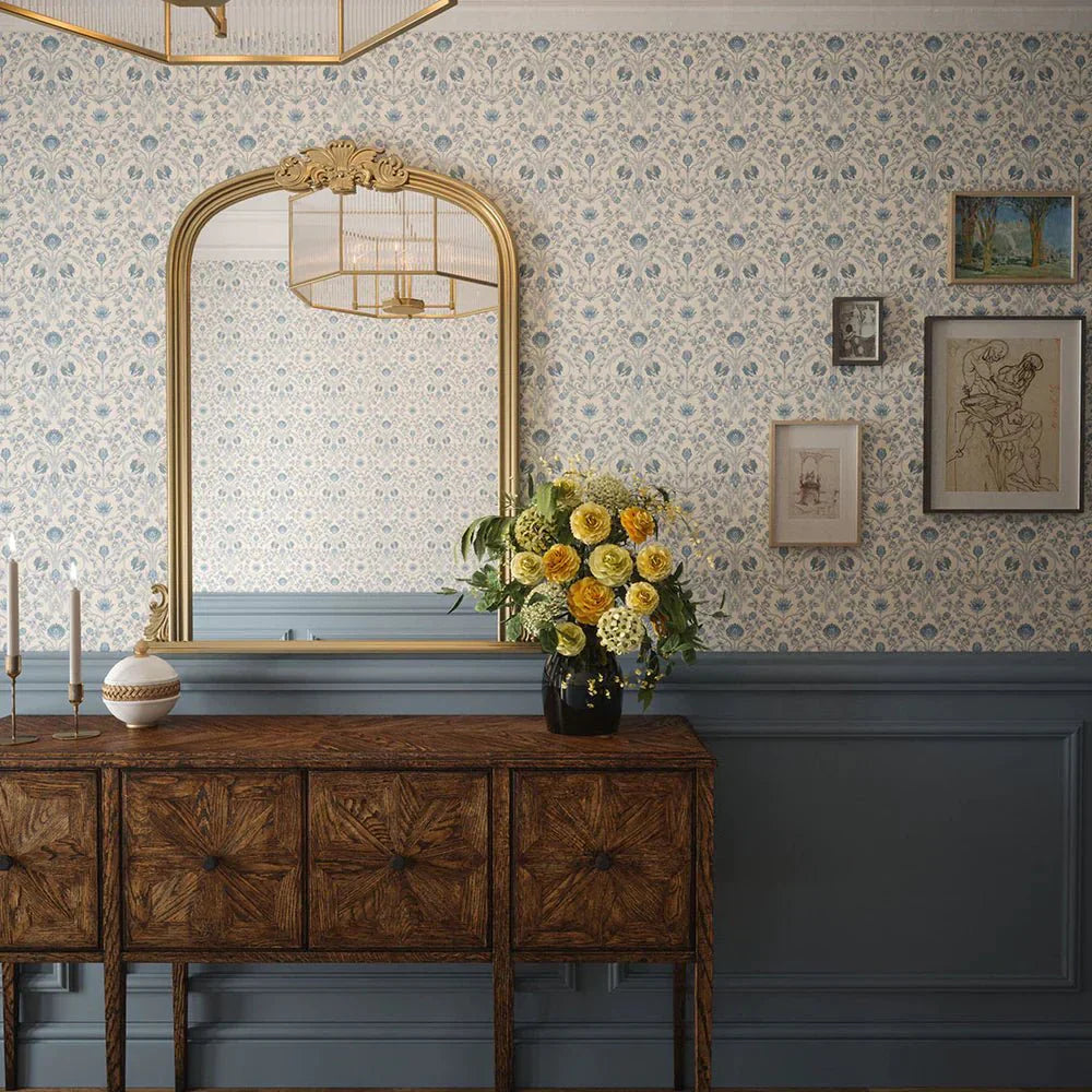 Tulip Garden Wallpaper - Cornflower Blue on Vintage Cream - LAN100037 - Lucie Annabel - Premier Wallcovering