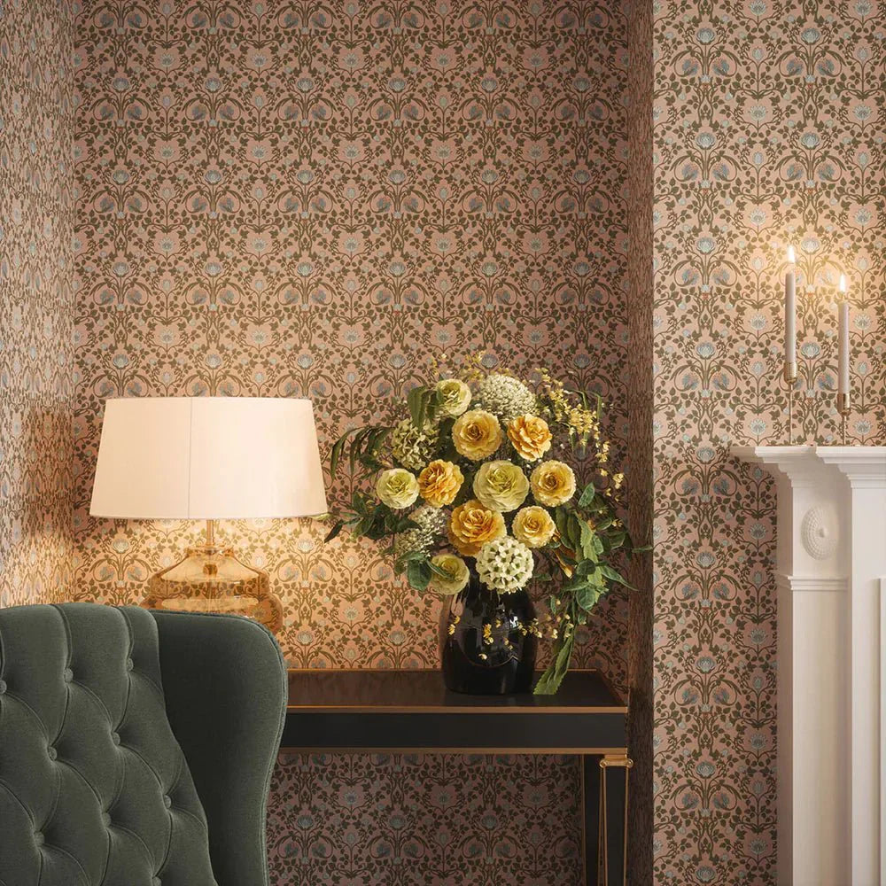 Tulip Garden Wallpaper - Mineral and Forest Green on Vintage Rose - LAN100038 - Lucie Annabel - Premier Wallcovering