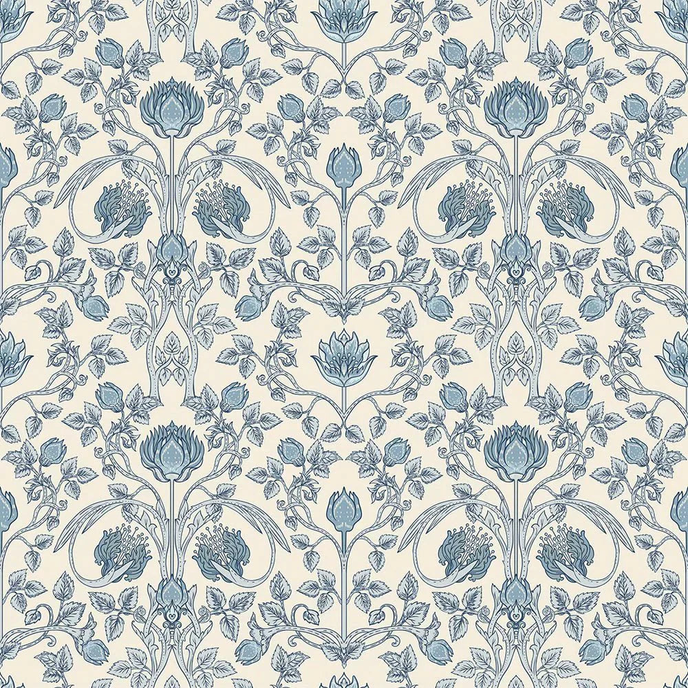 Tulip Garden Wallpaper - Cornflower Blue on Vintage Cream - LAN100037 - Lucie Annabel - Premier Wallcovering