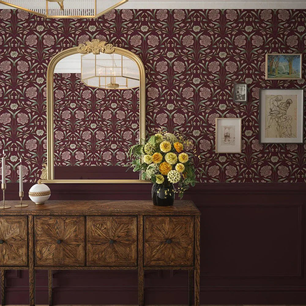 Vintage Trellis Wallpaper - Pistachio and Mulberry on Fig - LAN100093 - Lucie Annabel - Premier Wallcovering