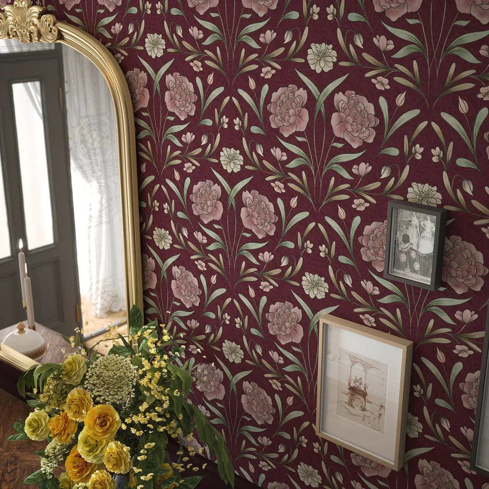 Vintage Trellis Wallpaper - Pistachio and Mulberry on Fig - LAN100093 - Lucie Annabel - Premier Wallcovering