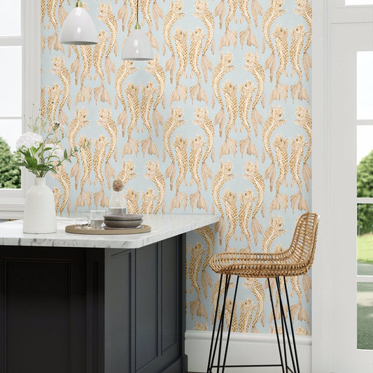 Voyaging Koi Wallpaper - Clear Sky/Persimmon - Sanderson - DWAW217115 - Morris Wallpaper