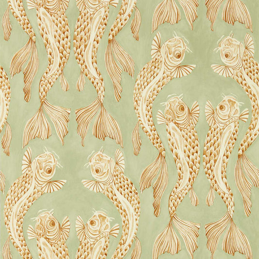 Voyaging Koi Wallpaper - Oriental Green/Honey - DWAW217114