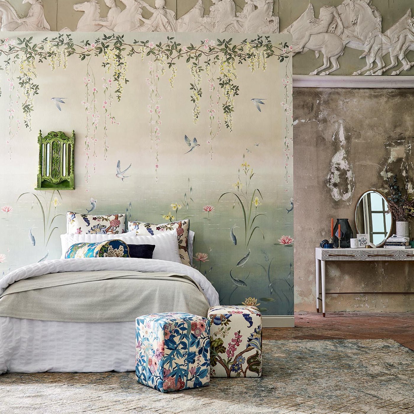 Water Garden Wallpaper - Soft Jade/Pink Blossom - DWAW217131 - Sanderson